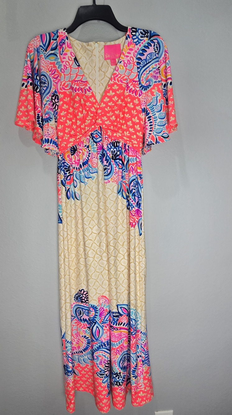 Lilly Pulitzer Minka Maxi Dress Coral Spritz Beach Bungalow Pattern Size 0